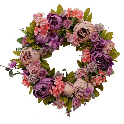 Artificial Peony & Hydrangea Wreath, 17.7" Purple Pink Faux Floral Wreath with Green Leaves, All‑Season Front Door Wreath for Home Wall Window Wedding Decor