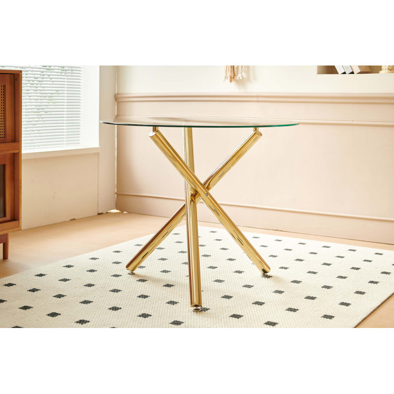 Ensemble de salle à manger 1 + 4,5 pièces, table de salle à manger à pieds en métal Mid-Century pour 4-6 personnes avec plateau en verre, table de salle à manger à piédestal, table basse de loisirs