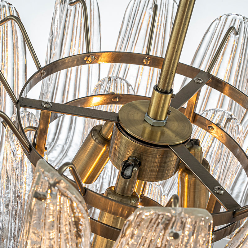 Luminaire suspendu de style moderne Mid-Century à 4 lumières en verre transparent à 4 niveaux avec finition bronze antique Kass pour salon, salle à manger Kass