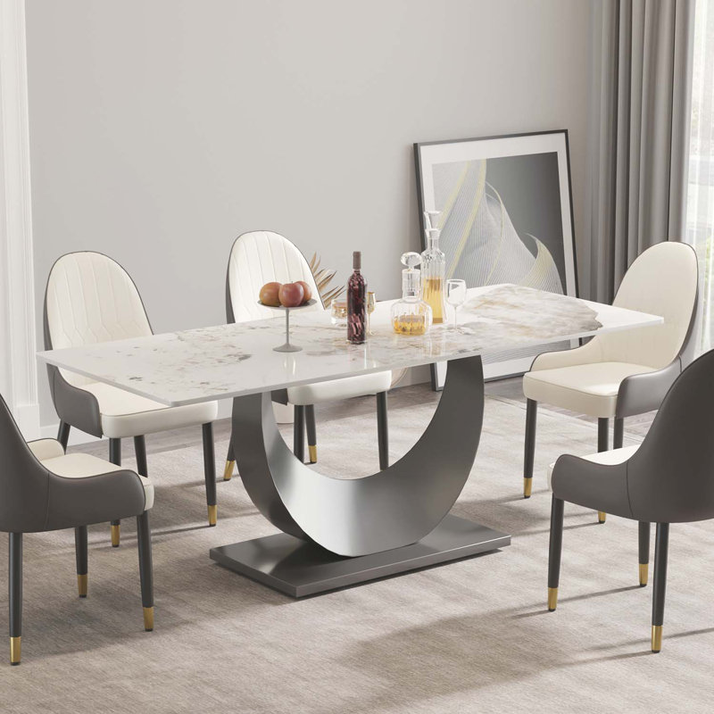 Kentrez Stone Top Metal Base Dining Table, 35.43" W x 78.74" L, Antique White