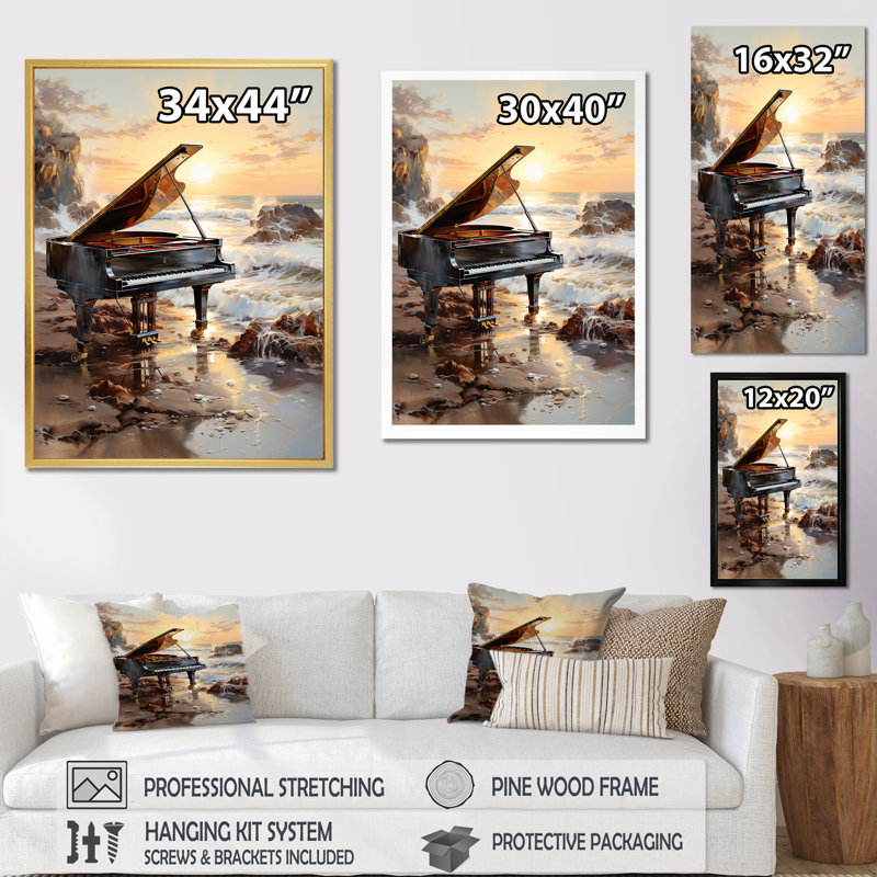 Piano Oceans Orchester I - musique, art mural piano, H 32 po x l 24 po x P 1 po, Cadre flottant doré