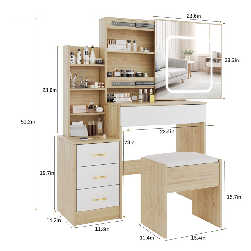 Bureau de coiffeuse, bureau de maquillage avec miroir lumineux coulissant, station de charge, Blanc / bois