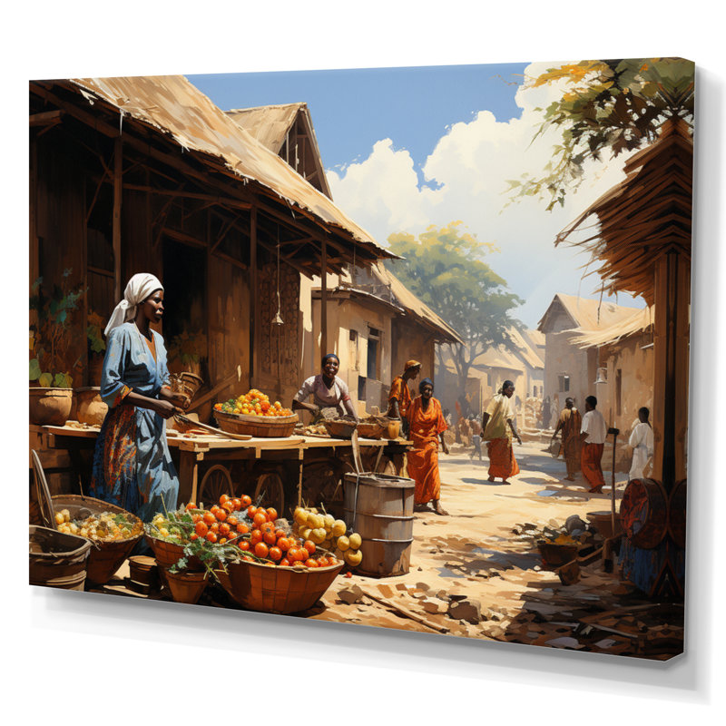 African Vibrant Market II - Art mural africain, H 34 po x l 44 po, Sans cadre, Toile tendue