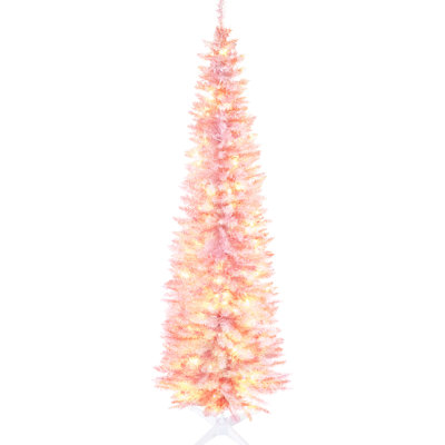 7' Tall Pink Slim Noble Fir Christmas Tree With Flame Retardant Branches, 200 Warm White Led Lights, And Quick Setup For Decor Artificial Low-energy Base, 499 Tips