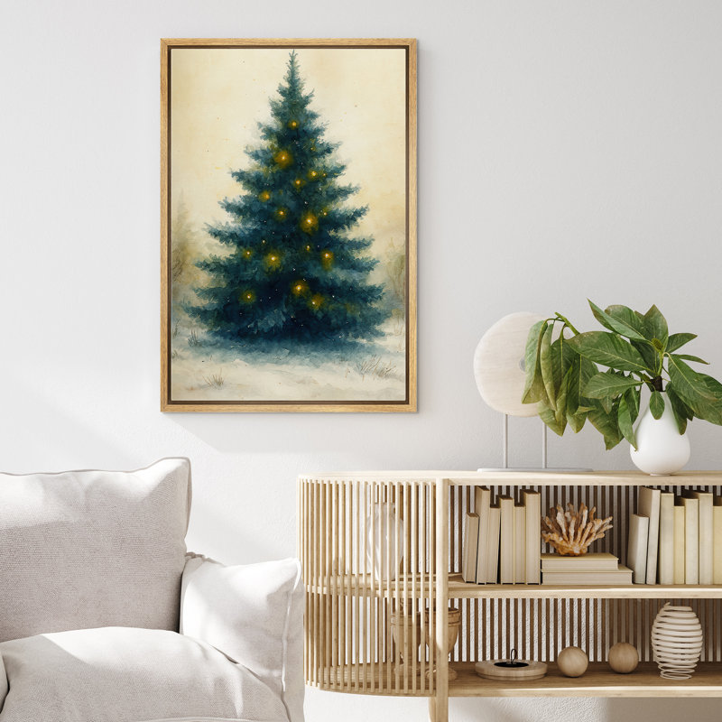 Arbre de Noël avec lumières dorées, impression sur toile encadrée, H 36 po x l 24 po x P 1,5 po, Cadre naturel