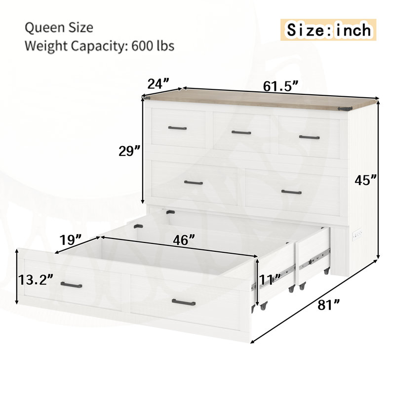 Murphy Antonin Cabinet Full Size with Charging Station, Multi-Functional Foldable Platform Antonin with 1 Large Storage Drawer for Guest Room, Small Antoninroom