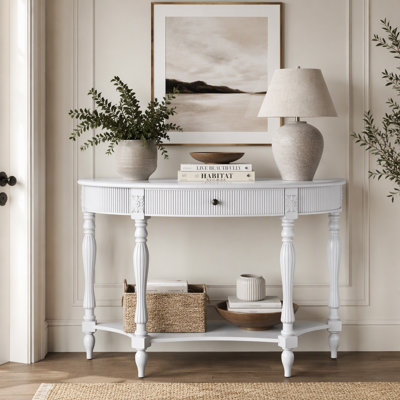 Console demi-lune en bois massif avec tiroir et tablette