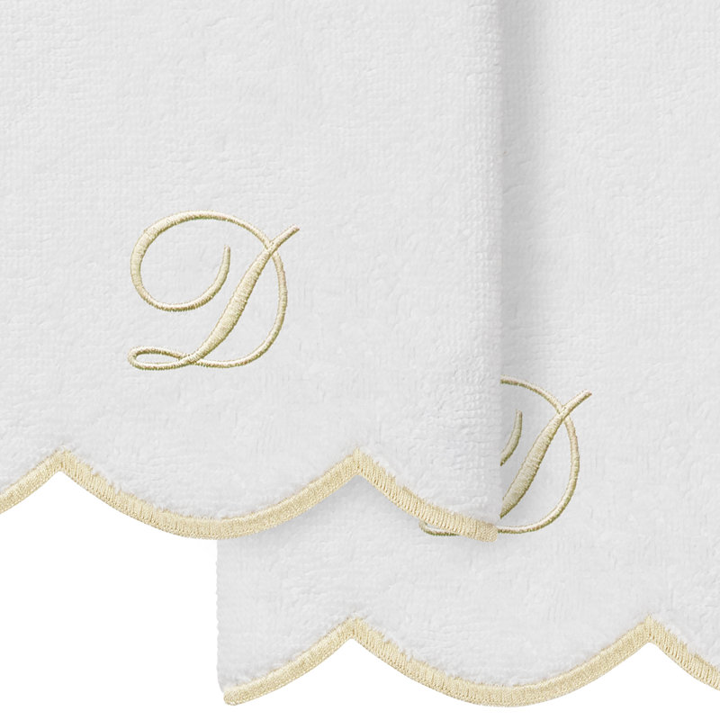  100% Turkish Cotton ADORNIA Scallop 2PC Personalized Fingertip Towel Set, Fingertip Towel - 2 Pack, White/Beige, D