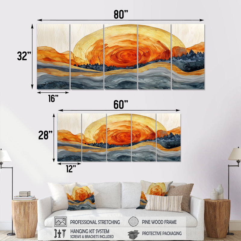 «Sunrise Tree In Forest Landscape I», art mural forêt - ensemble d'art mural traditionnel 5 pièces, H 28 po x l 60 po