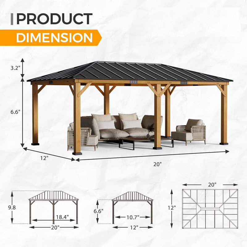 20 Ft. W x 12 Ft. Pro Series Asphalt Roof & Eco-Friendly Solid Spruce Wood Patio Gazebo