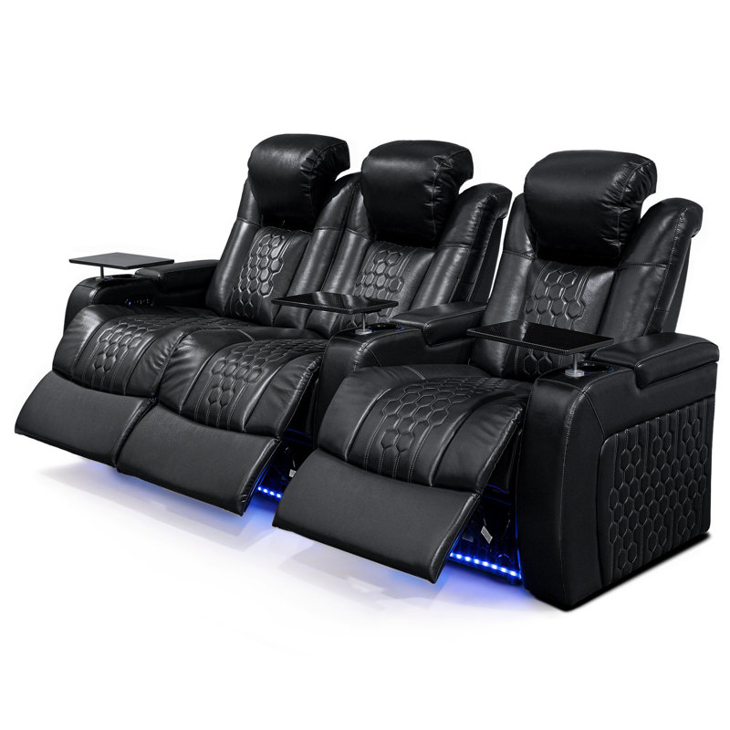 Fauteuil inclinable électrique 93,3 po 3 pièces fabriqué avec nappa de grain supérieur, relaxation entièrement réglable, charge intelligente, éclairage à DEL RVB dynamique, noir