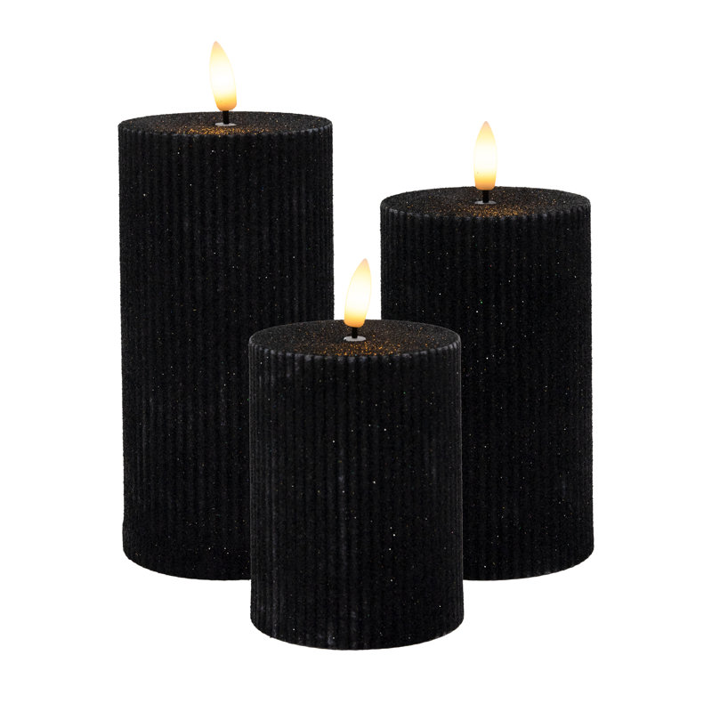 Battery Operated Black Fluted Pillar Candles - 3 Piece