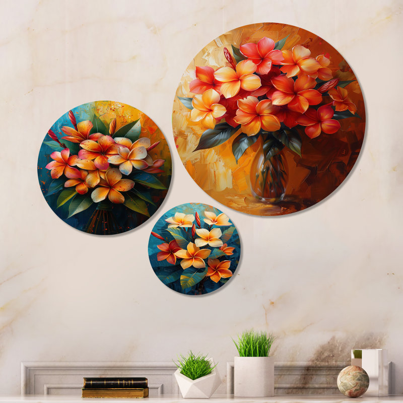Ensemble de 3 décorations murales en métal orange et rouge Plumeria Vibrant Bouquet II I - Plumeria