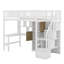 Lit mezzanine simple en bois avec bureau intégré, DEL, tablettes de rangement, armoires et escalier-733388058