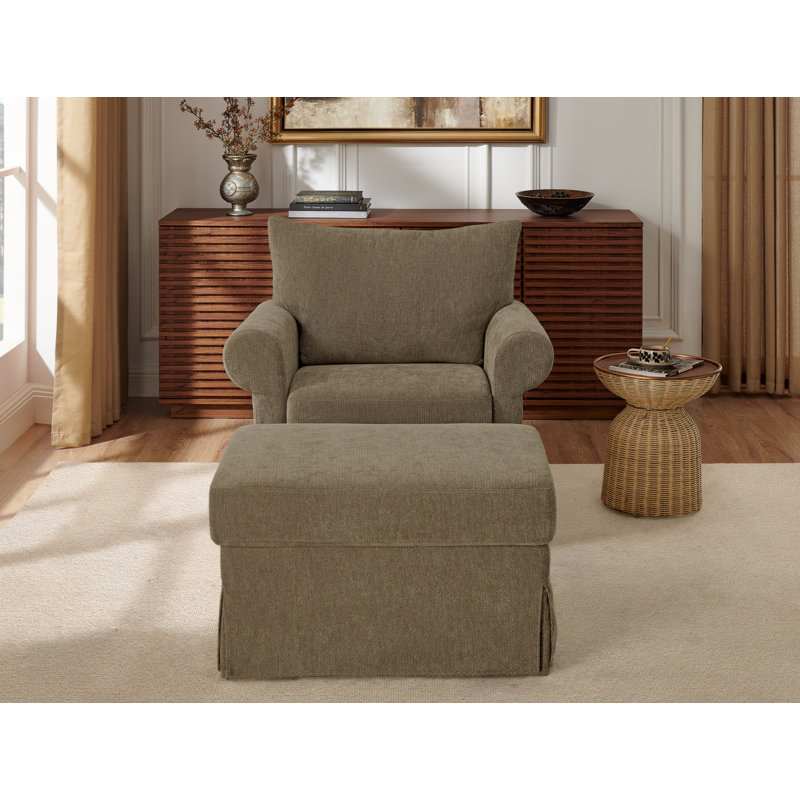 36"Chenille Accent Chair with Ottoman,  Vintage Style Lounge Chair, Brown