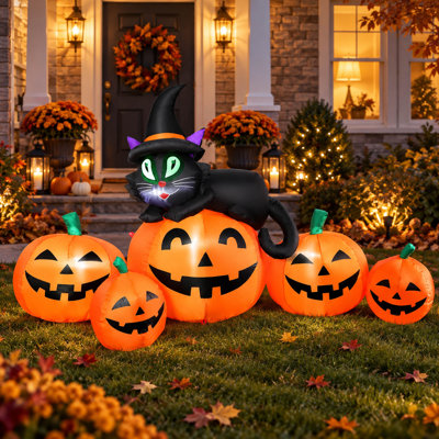 Citrouille lumineuse de 1,5 m et chat noir gonflable pour l'Halloween avec 4 DEL