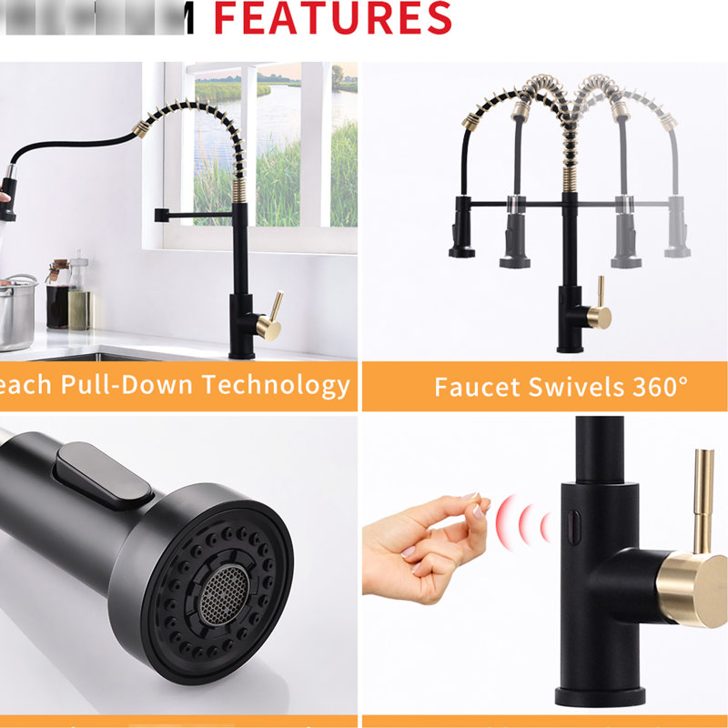 Touchless Kitchen Faucet - Automatic Smart With Pull Out Spray, Hands For Kitchen, Black And Gold, Contemporary, Ceramic Filler, Brass Body Motion Sensor, Sink Faucet, + Contemporary Style,