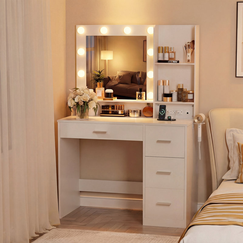 Vanity Desk With Lighted Mirror, Built-In Power Outlet And Multiple Drawers, White