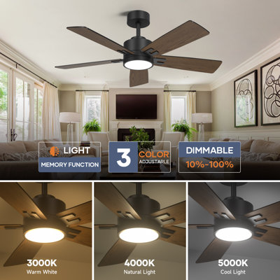 Ventilateur de plafond intelligent avec pales réversibles, télécommande et contrôle d'application, lumière DEL et moteur à courant continu