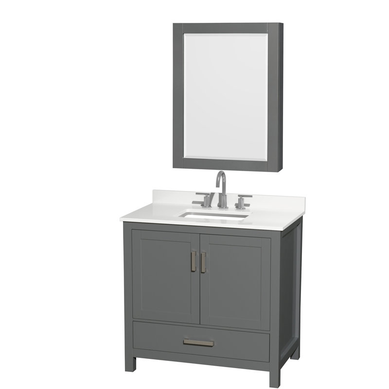 Sheffield 36" Freestanding Single Bathroom Vanity with Quartz Top with Medicine Cabinet, White Quartz, Dark Gray, Chrome