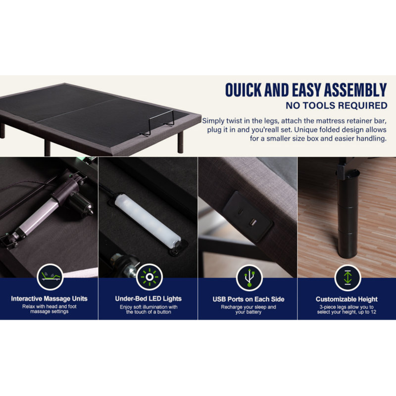 Queen Size Gray Upholstered Electric Adjustable Bed Frame with Wireless Remote