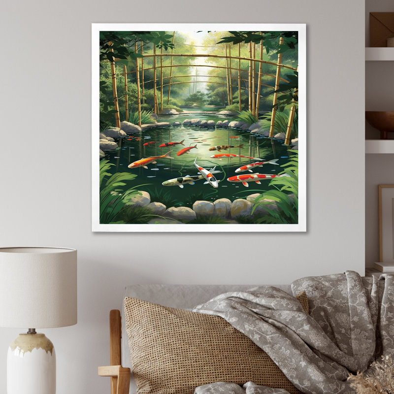 " Bamboo And Koi Pond Showcase ", 30" H x 30" W x 1" D, White Single Picture Framed