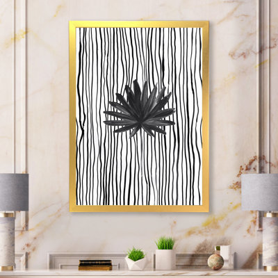 " Black And White Tropical Leaf On Striped III " Painting Print