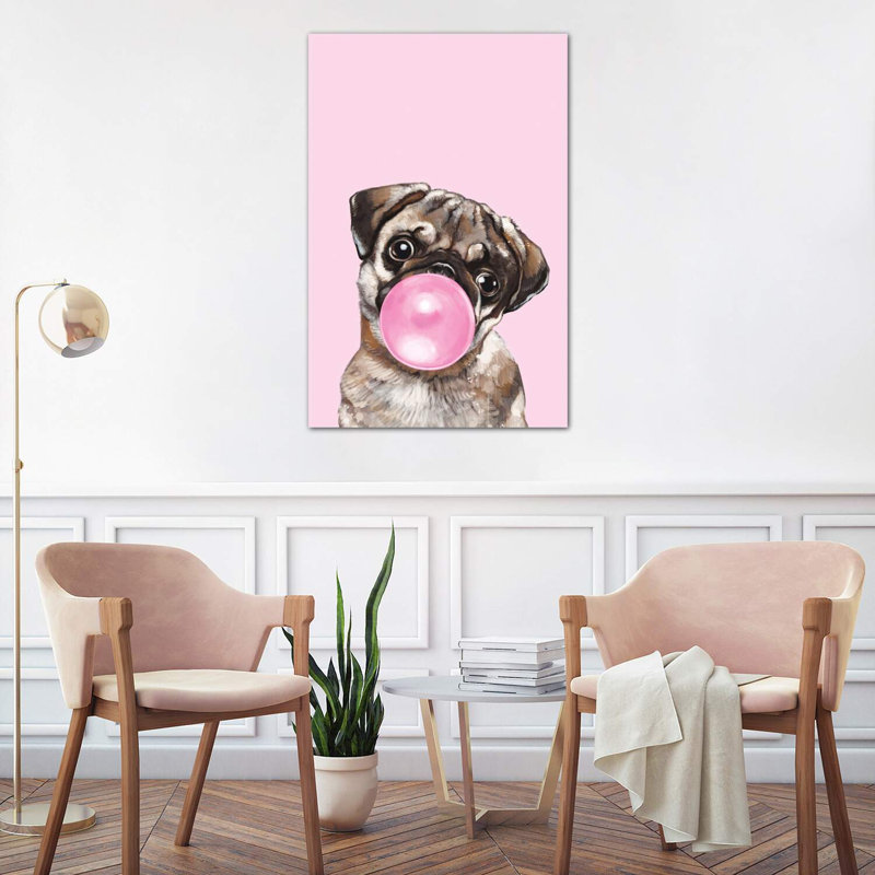 «Pug Blowing Bubble Gum in Pink» par Big Nose Work, impression, H 40 po x l 26 po x P 1,5 po, Toile tendue