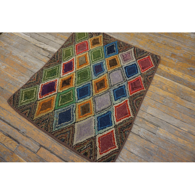 American Multicolor Hooked Small Scatter Size 1930s Wool Antique Rug