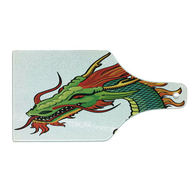 Ambesonne Dragon Tempered Glass Cutting Board Monster Portrait Fantasy Fern Green Orange Red