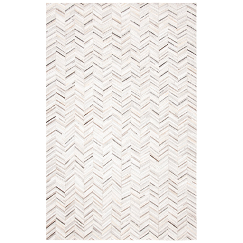 Sequeira Hand Woven Leather/Felted Cloth Chevron Rug in Ivory/Gray, Rectangle 3' x 5'