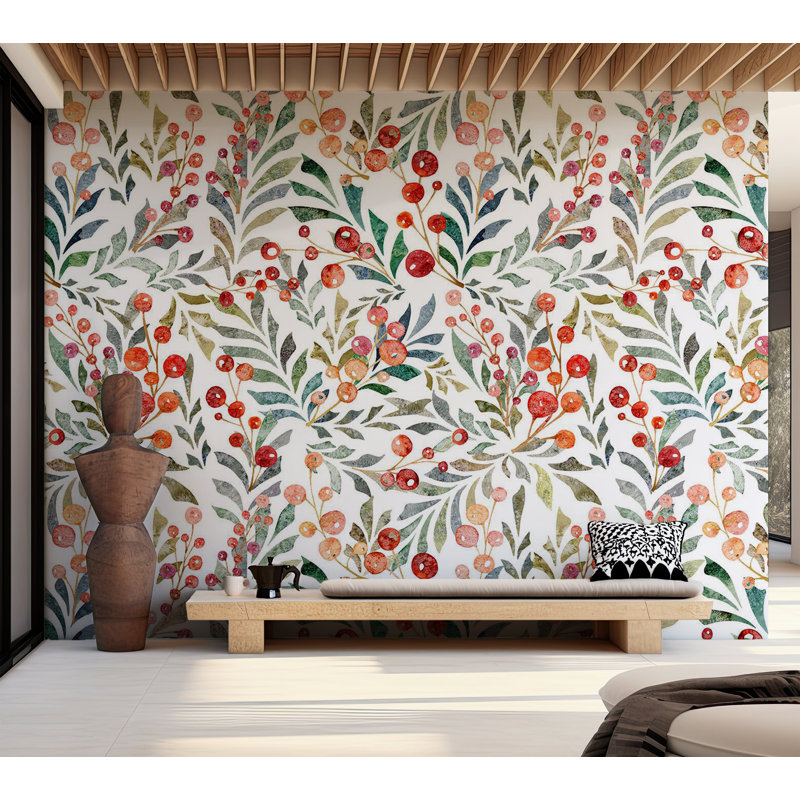 Murale botanique pelez et collez - Feuilles de baies rouges, L 82 po x l 115 po