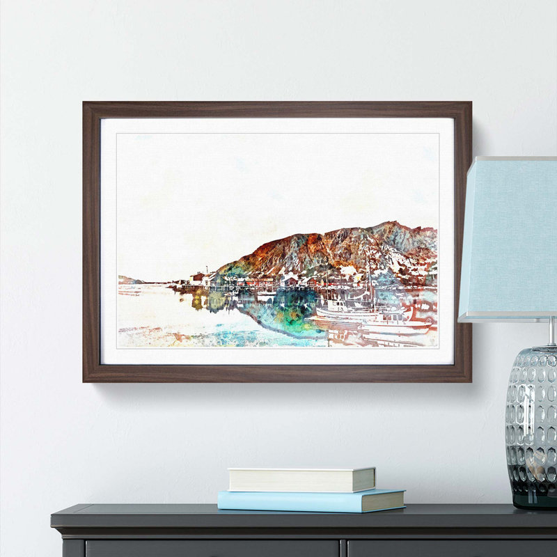 Docked Boats in Ballstad Norway in Abstract - Picture Frame Painting Print, 62cm H x 87cm W x 2cm D, Walnut Framed