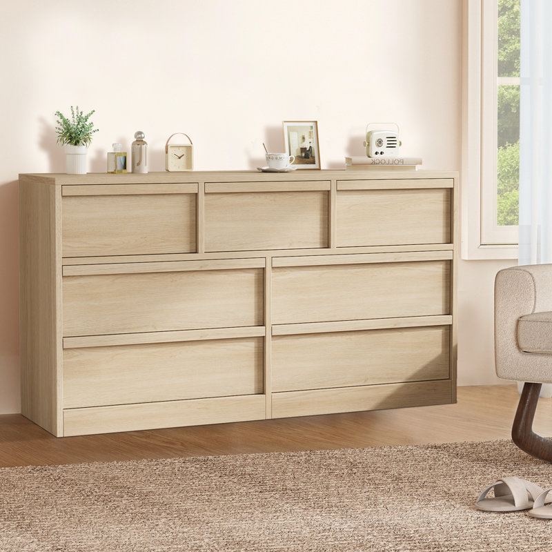 Commode 8 tiroirs pour la chambre à coucher, commode double moderne de 54 po de largeur avec poignées concaves, commode en bois pour le salon, la chambre de bébé et le couloir
