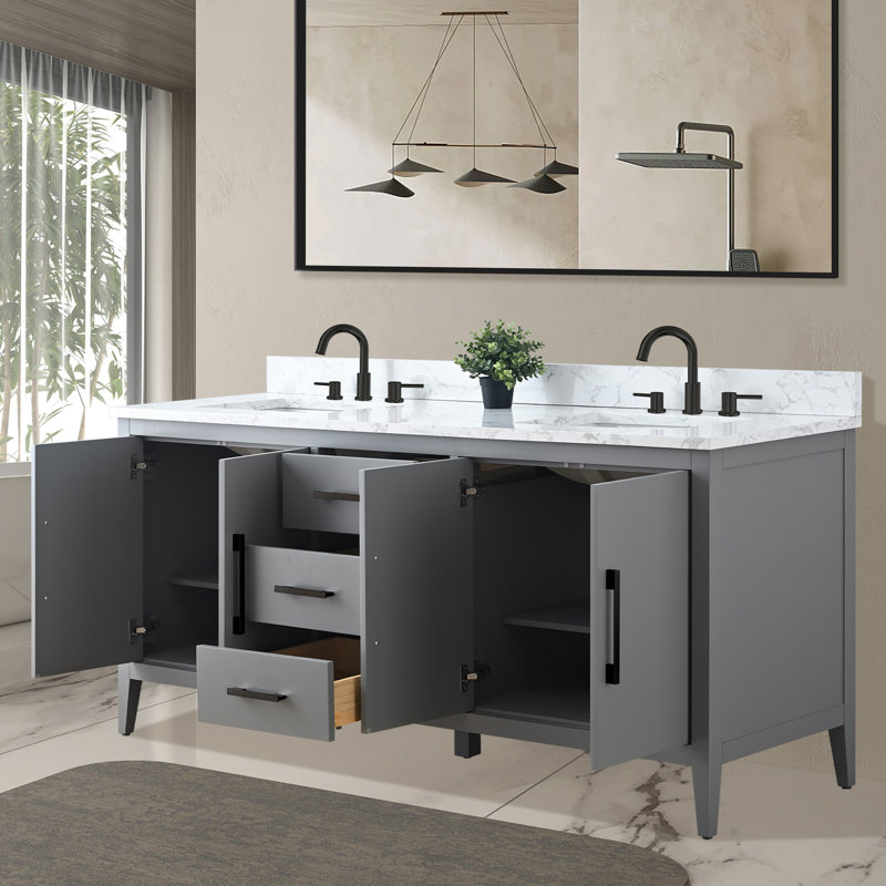 72'' Double Bathroom Vanity with Engineered Marble Top, Matte Black, Cashmere Gray