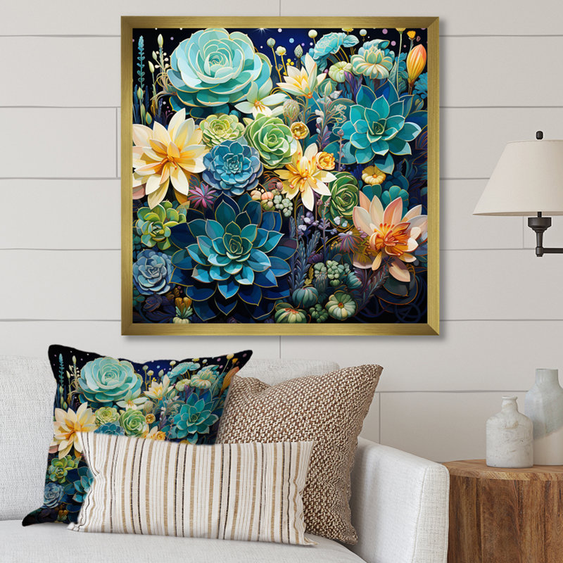 Teal Succulent Serenade - Floral Canvas Art Print, H 24 po x l 24 po x P 1 po, Cadre doré à une seule photo