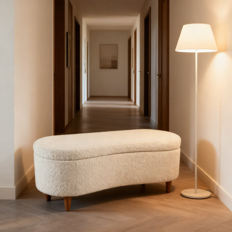 Banc de rangement incurvé avec couvercle rabattable et revêtement en tissu doux pour la chambre à coucher et le vestibule