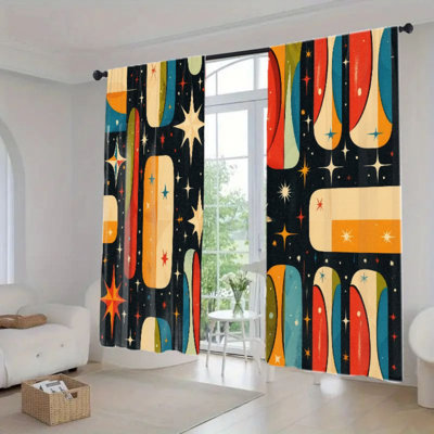 2 pièces rideaux abstraits de style Mid-Century moderne, rideaux de fenêtre à motif géométrique atomique rétro avec passe-tringle, rideau filtrant la lumière pour la cuisine de la chambre à coucher, traitement décoratif