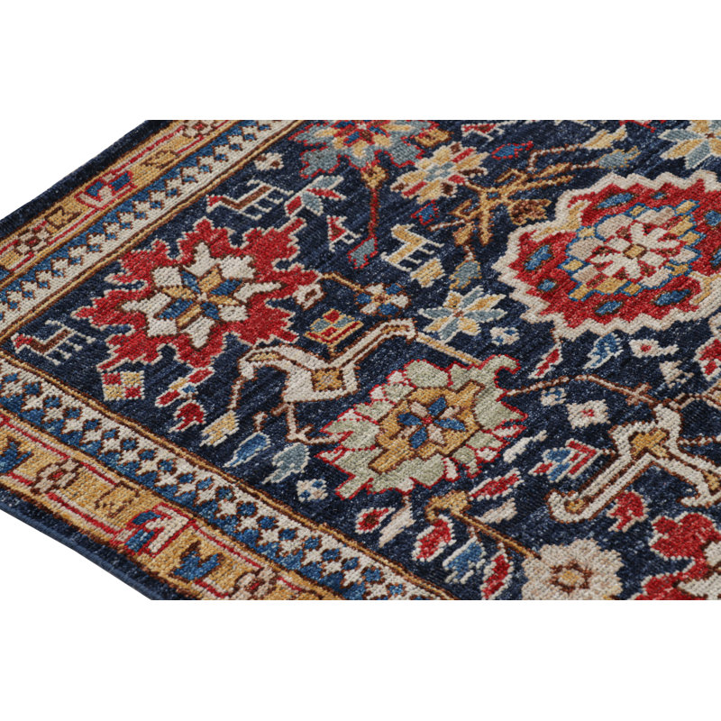 Rug & Kilim's Caucasian Kuba Style Rug In Blue With Pictorial & Floral Patterns, Rectangle 4' x 5'11"