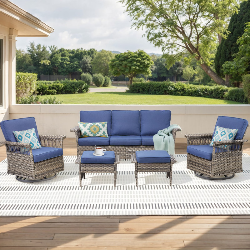 5 Pieces Patio Furniture Set, Swivel Rocker Glider Chairs With 5" Wide Armrest, Blue