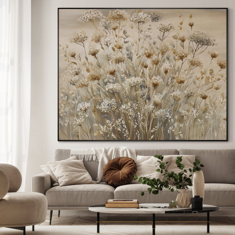 Extra Large Wall Art Fabric Print - Wildflower Meadow in Warm Neutral Tones Artwork Decor for Living Room or Bedroom - "Frame Assembly Required (Unfinished Frame)"