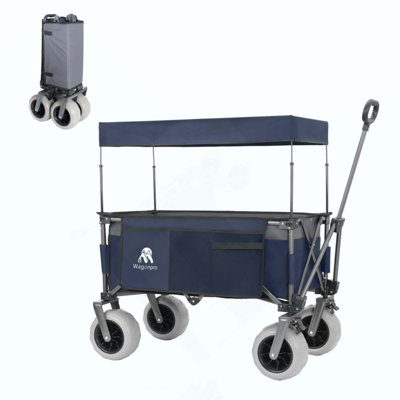 Chariot de chariot pliant multifonctionnel avec poignée flexible et auvent, chariot utilitaire robuste avec pneus de plage de 9 po x 4 po pour le camping et la plage, le transport, l'épicerie, les sports, 480LBS / 120L