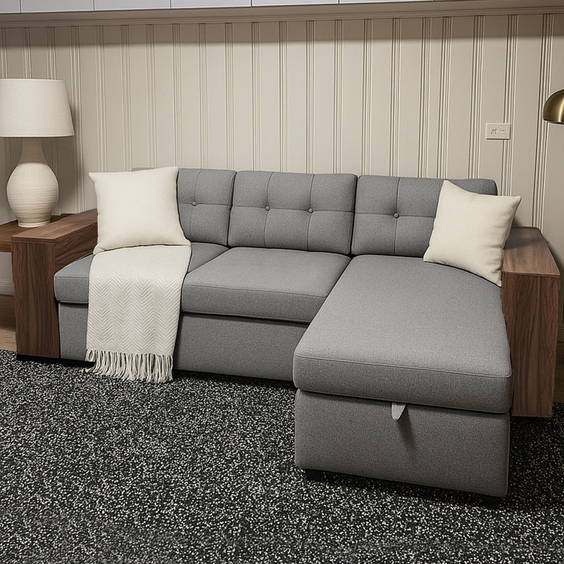 Canapé modulaire avec méridienne de rangement, canapé d'angle convertible, main courante, Lin gris