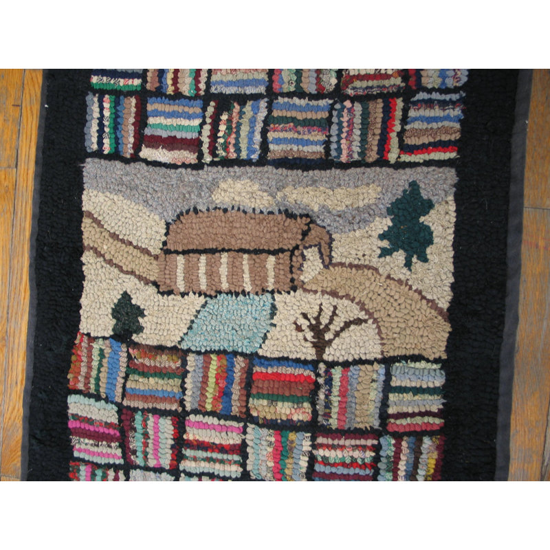 Antique American Scenic Pictorial Folk Art Design Long Hallway Runner Hooked Rug