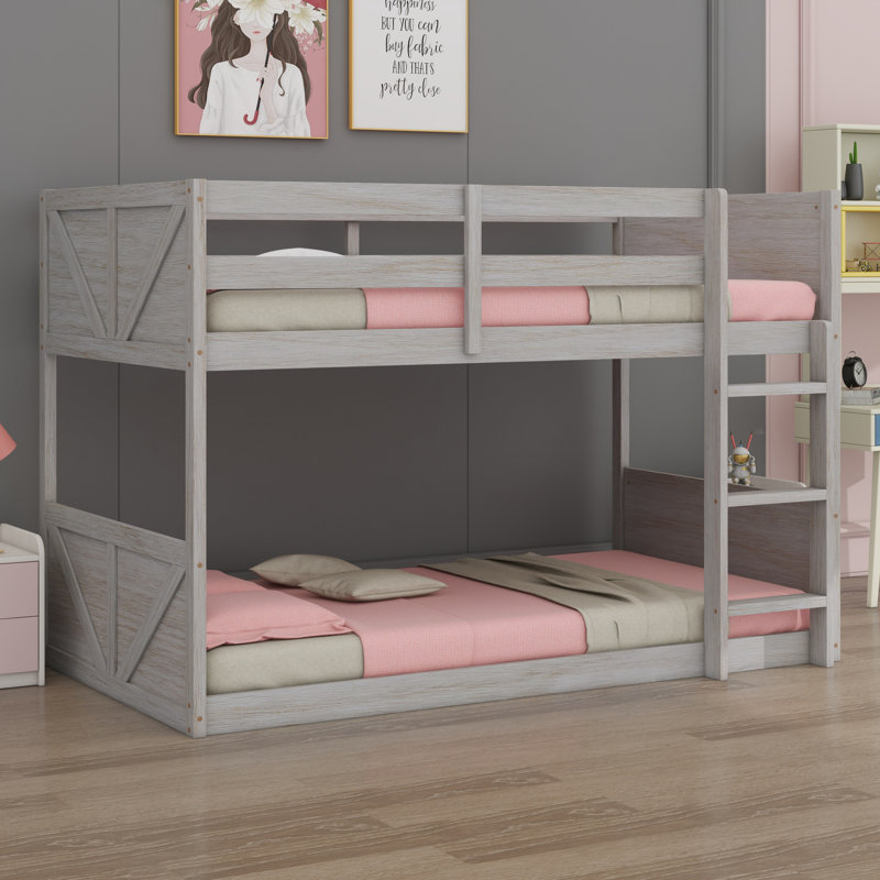 Floor Bunk Bed With Panelled Headboard And Footboard, Solid Wood Foundation With Safety Guardrails, Built-In Ladder