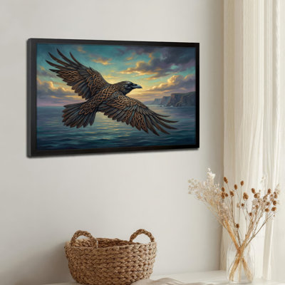 Toile noire encadrée en bois noir pour le salon, la chambre à coucher, le bureau ou le vestibule - décoration murale décorative avec corbeau celtique