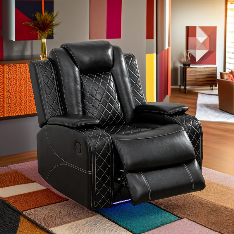 Fauteuil inclinable électrique en cuir vegan noir Velora avec lumières DEL, compartiment de rangement et charge USB, Noir