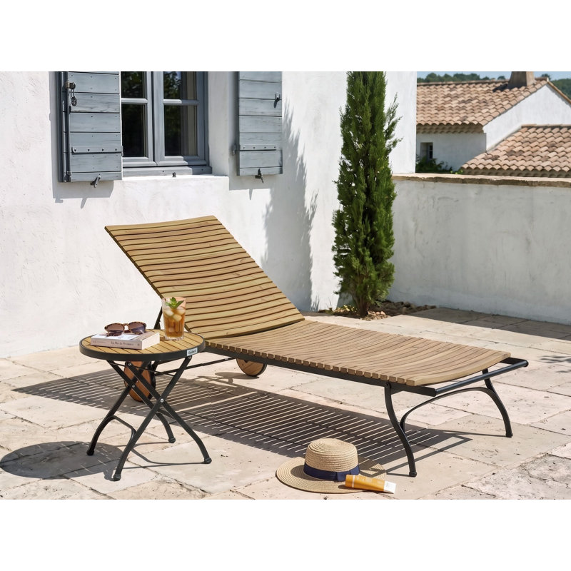 Round Acacia Solid Wood Steel Outdoor Side Table - 45 cm W 45 cm D