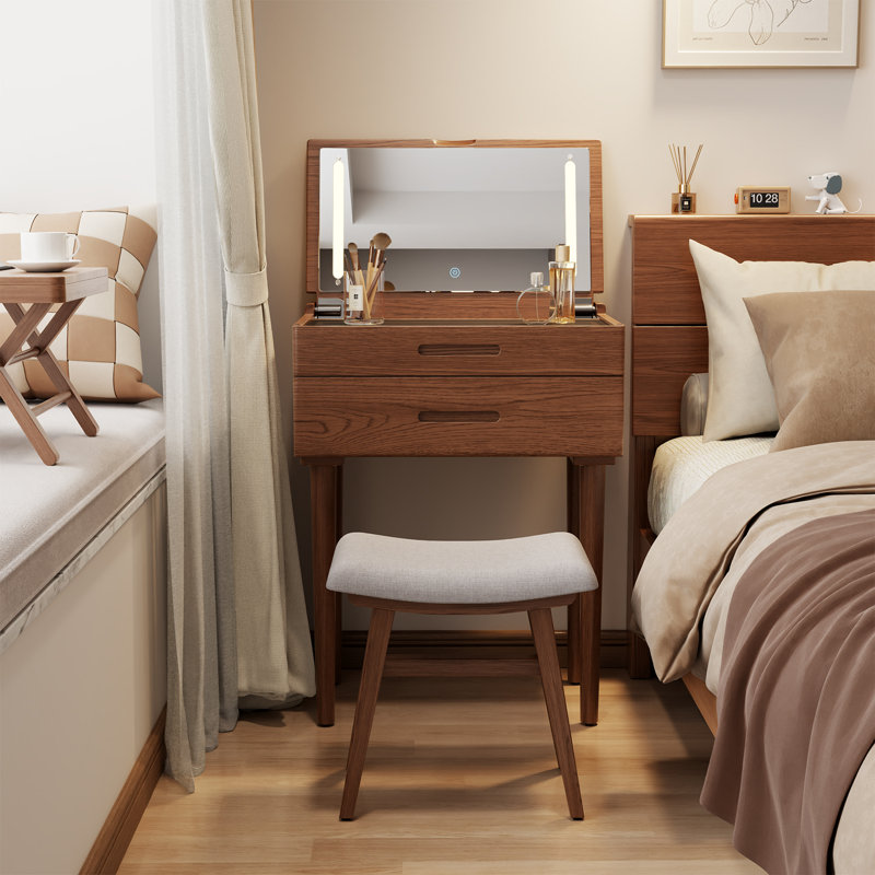 Solid Wood Makeup Vanity, Flip‑Top Lighted Mirror, Glass Tabletop, 3‑Mode Adjustable Brightness, Easy Assembly, Brown
