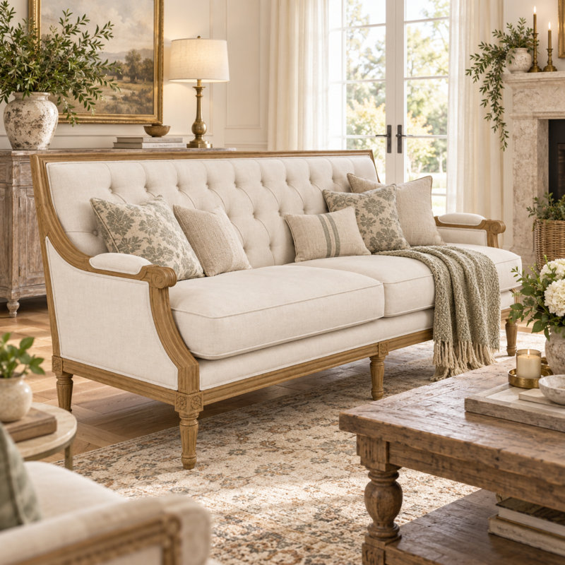 Canapé Louis capitonné, Gray Linen, Natural Wood